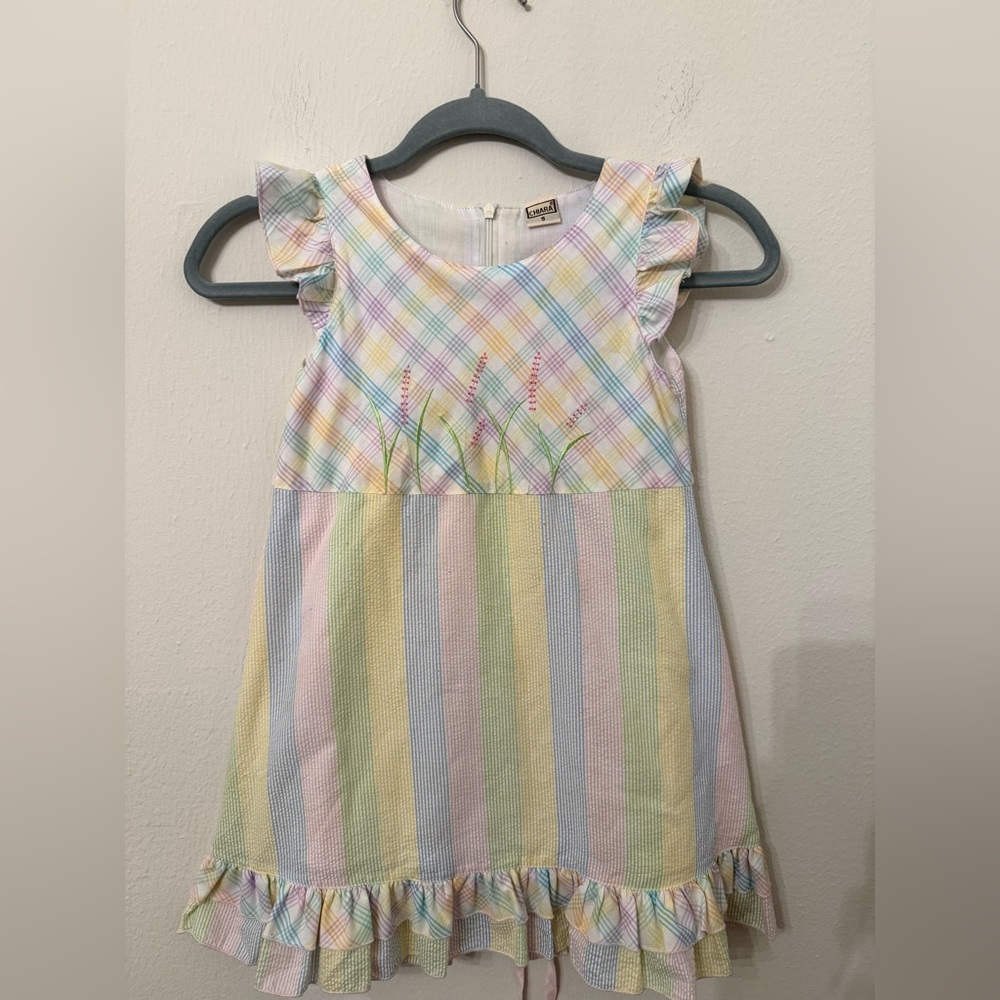 Pastel Plaid & Stripe Ruffle Sleeve seersucker Dress